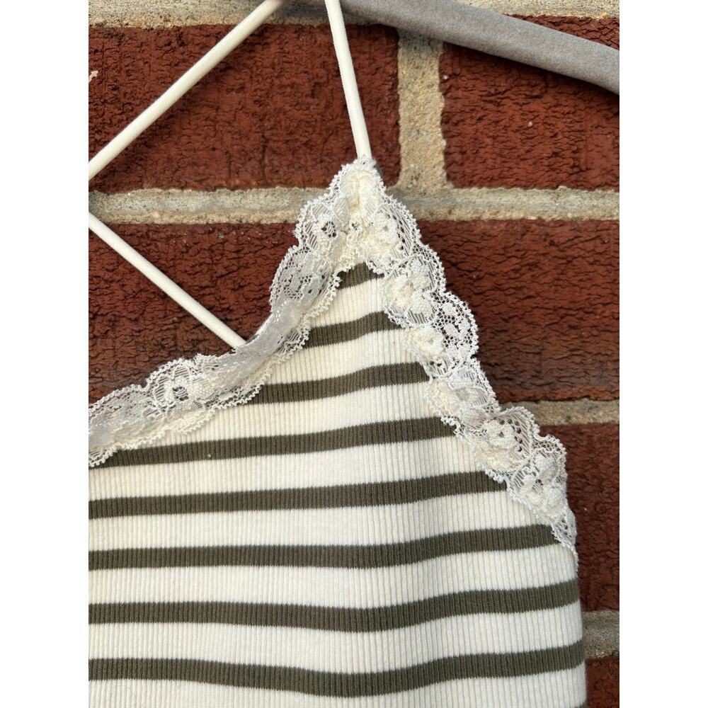 American Eagle Lace Trim Striped Cami Tank Top XS Olive Ivory Y2K Cottagecore - Picture 4 of 9